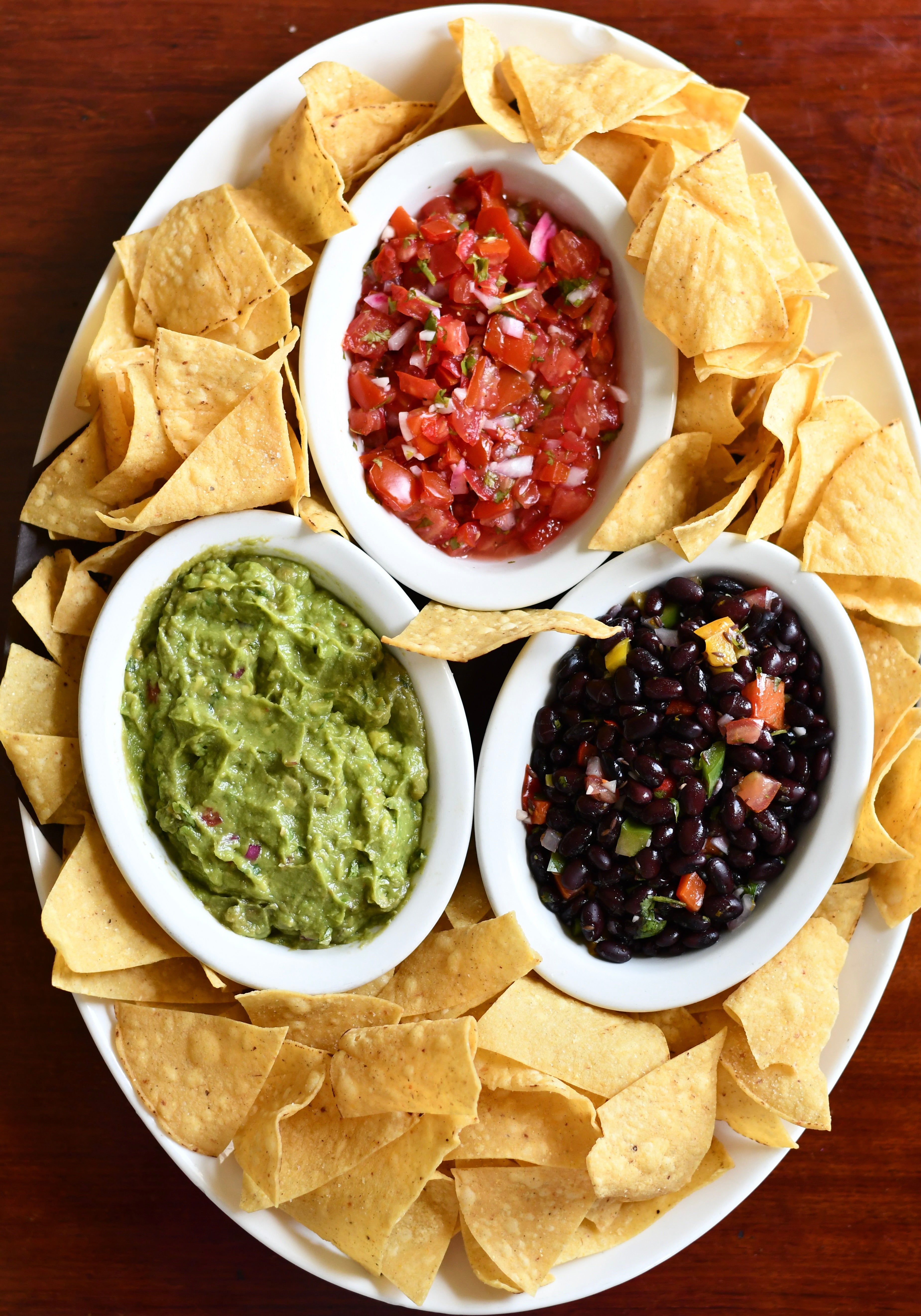 Guacamole Platter with Black Bean Salsa, Salsa Fresca Tortilla Chips
