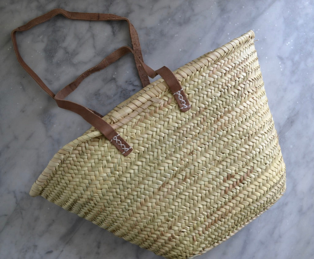 Market Shopping Basket Straw with Leather Straps